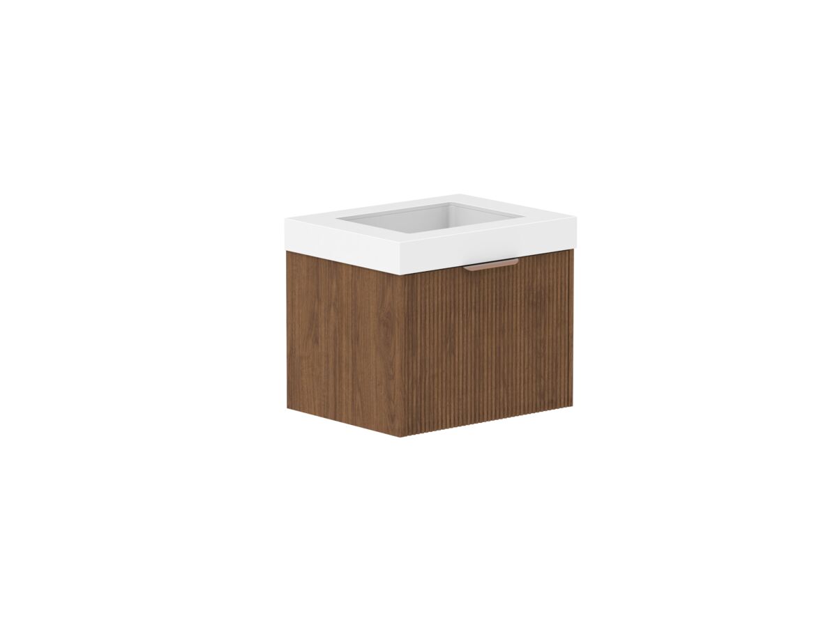 reece Kado Neue Fluted Square All Door 600mm Wall Hung Vanity Centre Basin 90mm Durasein Top
