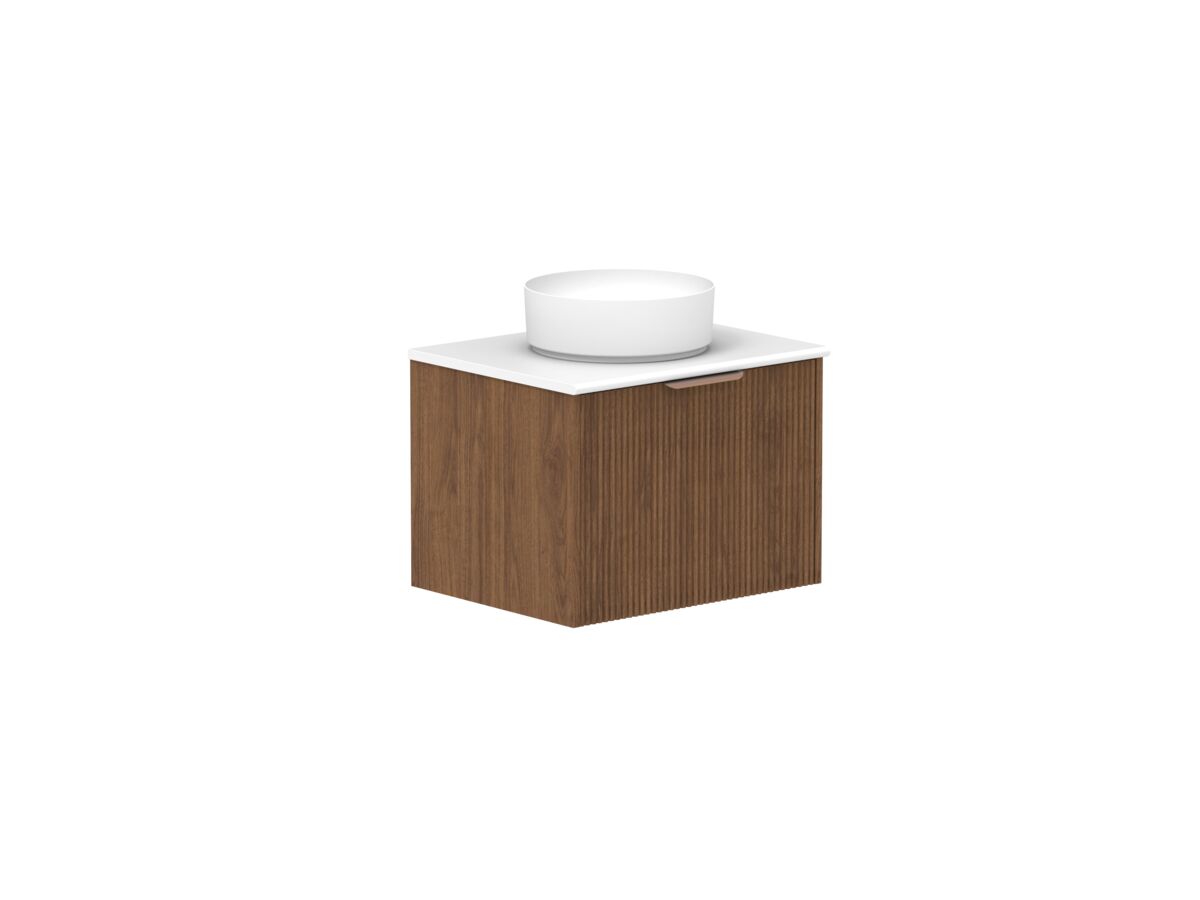 reece Kado Neue Fluted Square All Door 600mm Wall Hung Vanity Centre Basin 20mm Caesarstone Mineral Top