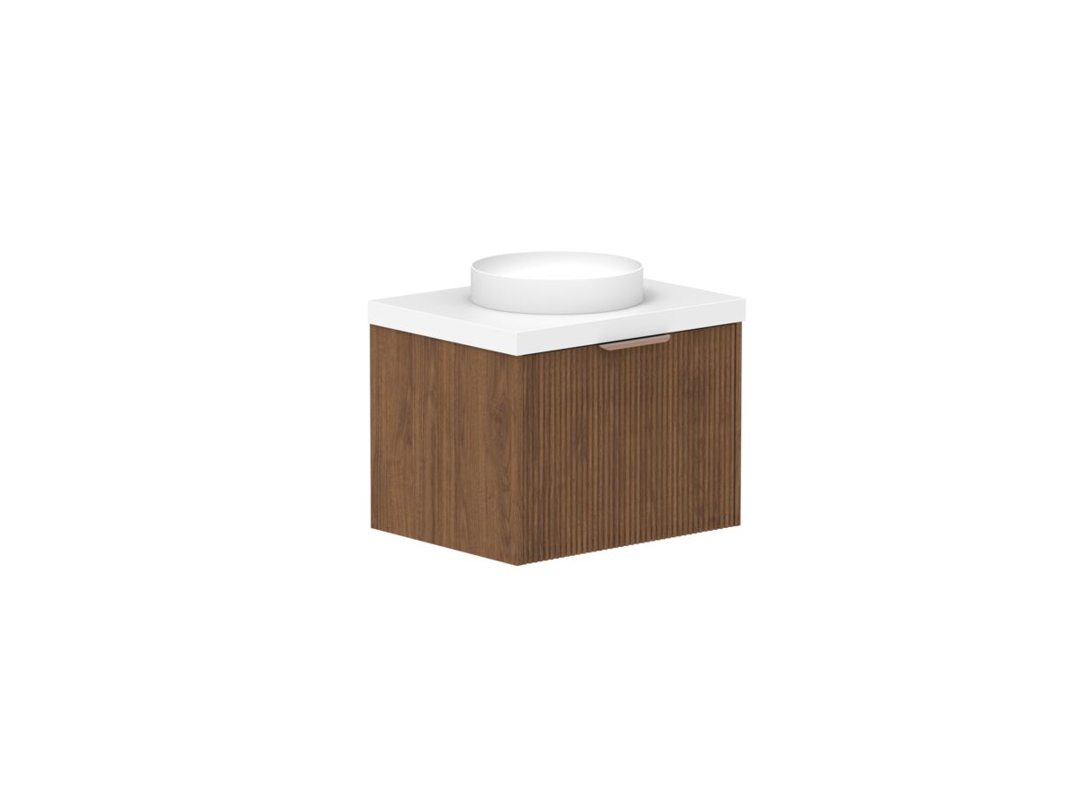 reece Kado Neue Fluted Square All Door 600mm Wall Hung Vanity Centre Basin 50mm Durasein Top