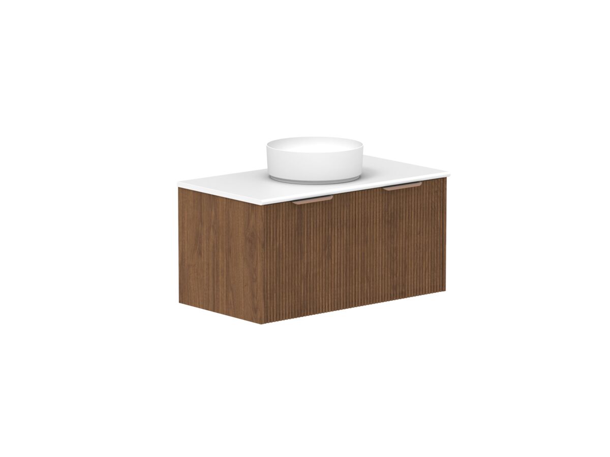 reece Kado Neue Fluted Square All Door 900mm Wall Hung Vanity Centre Basin 20mm Cherry Pie Top