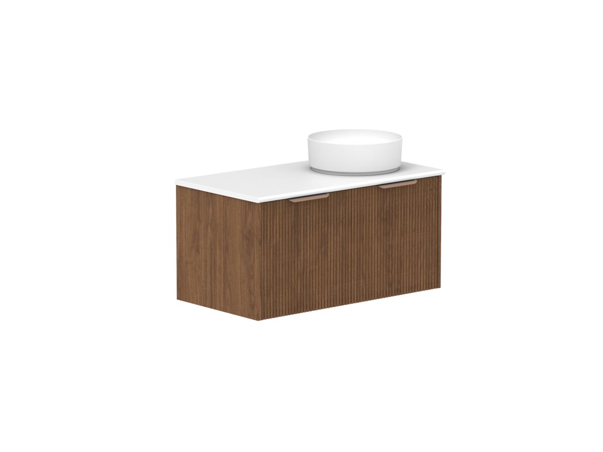 reece Kado Neue Fluted Square All Door 900mm Wall Hung Vanity Right Hand Basin 20mm Cherry Pie Top