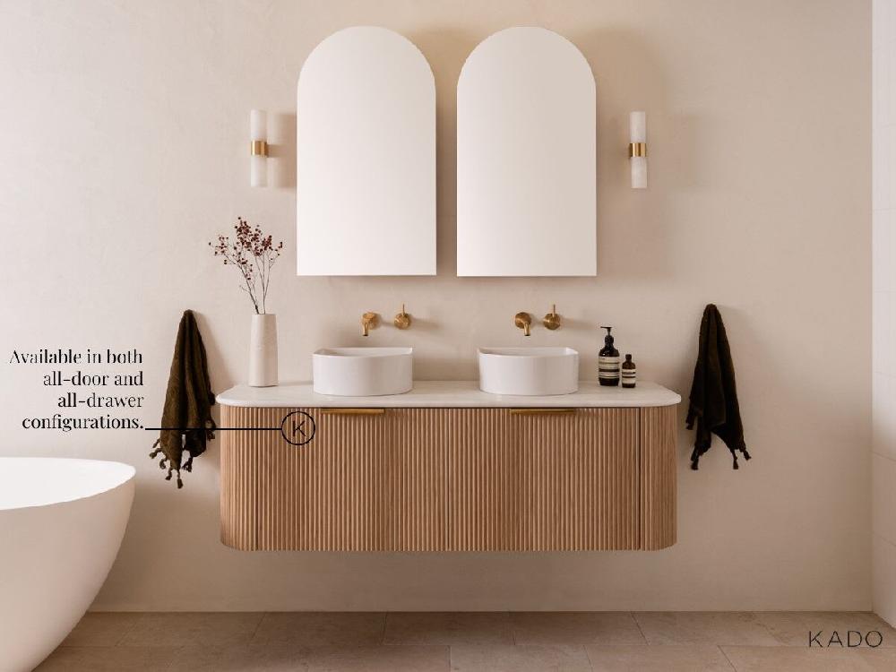 Reece Kado Neue Fluted Square All Door 900mm Wall Hung Vanity Left Hand Basin 90mm Cherry Pie Top