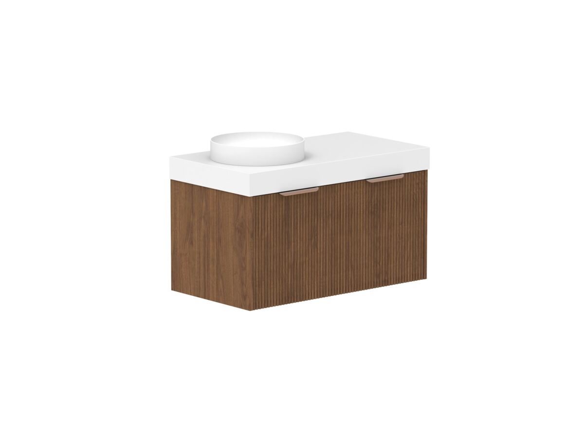 reece Kado Neue Fluted Square All Door 900mm Wall Hung Vanity Left Hand Basin 90mm Cherry Pie Top