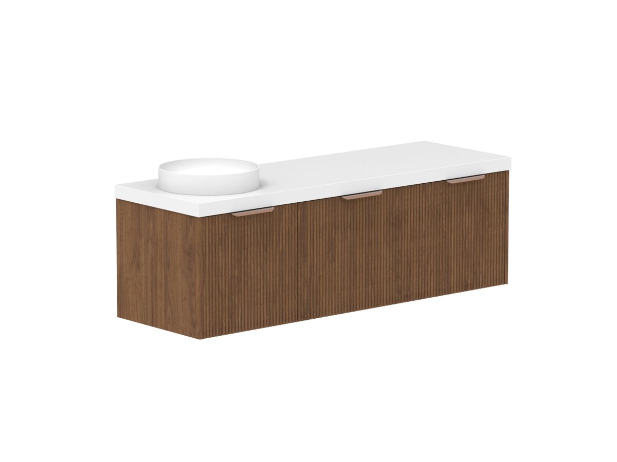 reece Kado Neue Fluted Square All Drawer 1500mm Wall Hung Vanity Left Hand Basin 50mm Cherry Pie Top