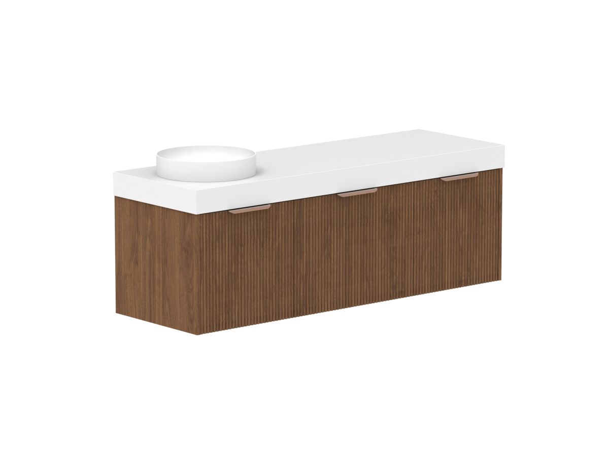 reece Kado Neue Fluted Square All Drawer 1500mm Wall Hung Vanity Left Hand Basin 90mm Caesarstone Mineral Top