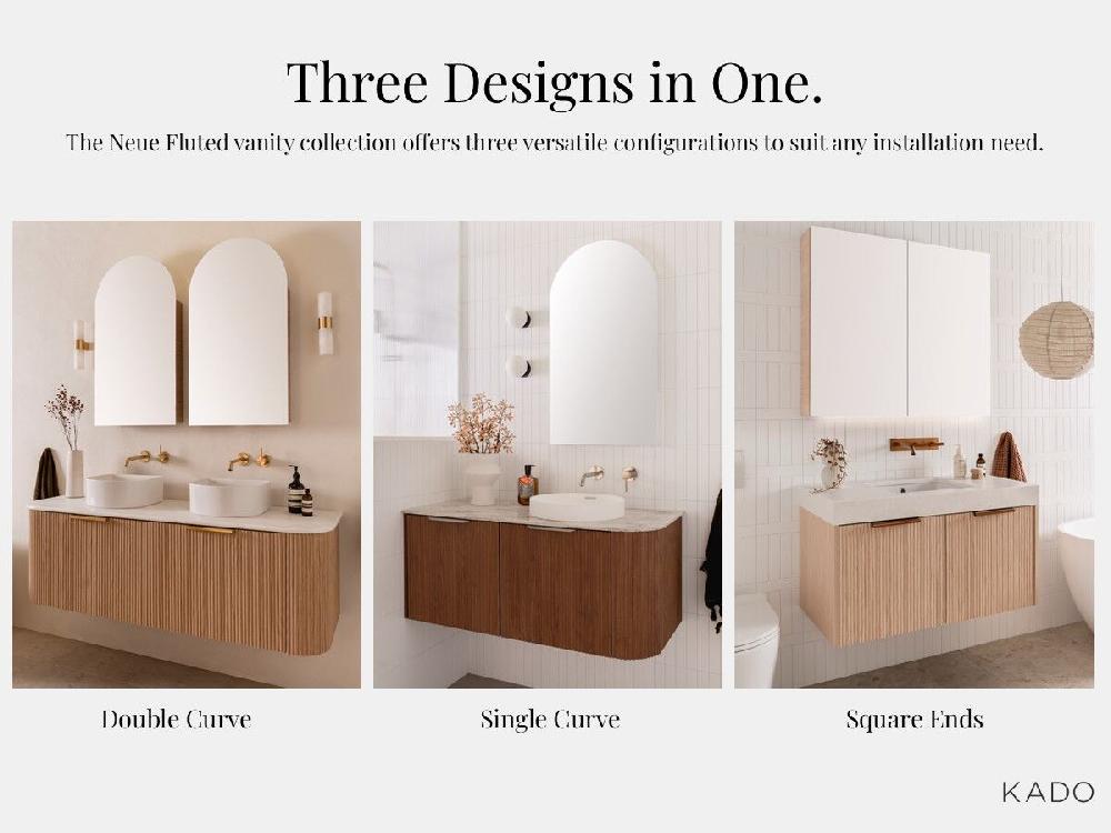Reece Kado Neue Fluted Square All Drawer 1500mm Wall Hung Vanity Right Hand Basin 90mm Cherry Pie Top