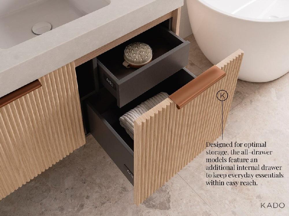 Reece Kado Neue Fluted Square All Drawer 1500mm Wall Hung Vanity Right Hand Basin 90mm Cherry Pie Top