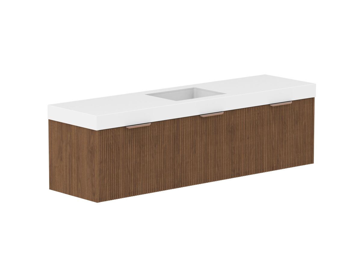 reece Kado Neue Fluted Square All Drawer 1800mm Wall Hung Vanity Centre Basin 90mm Cherry Pie Top
