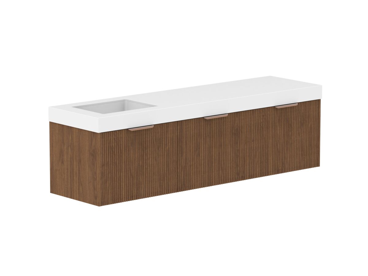 reece Kado Neue Fluted Square All Drawer 1800mm Wall Hung Vanity Left Hand Basin 90mm Caesarstone Mineral Top