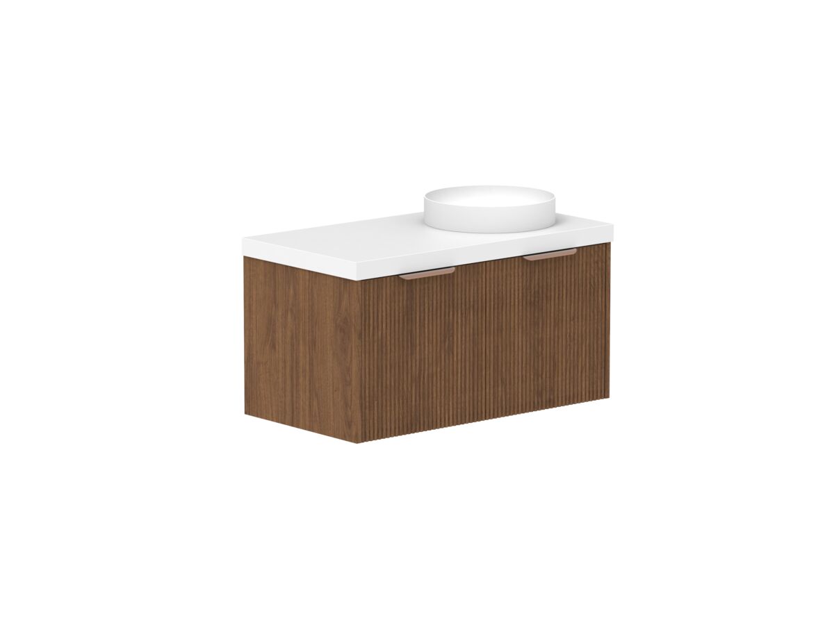 reece Kado Neue Fluted Square All Drawer 900mm Wall Hung Vanity Right Hand Basin 50mm Cherry Pie Top
