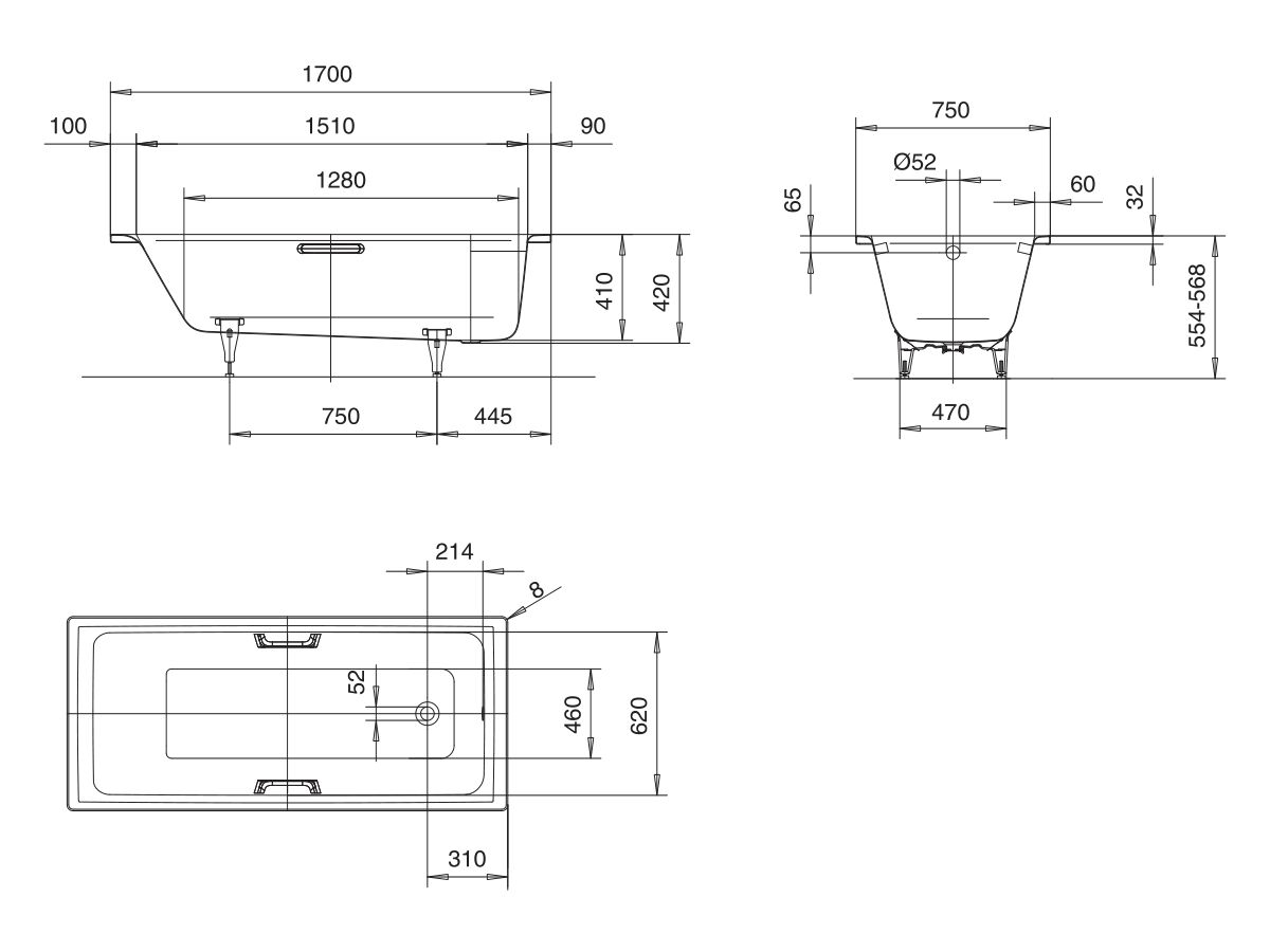 Reece Kaldewei Puro Inset Bath With White Overflow 1700mm X 750mm White