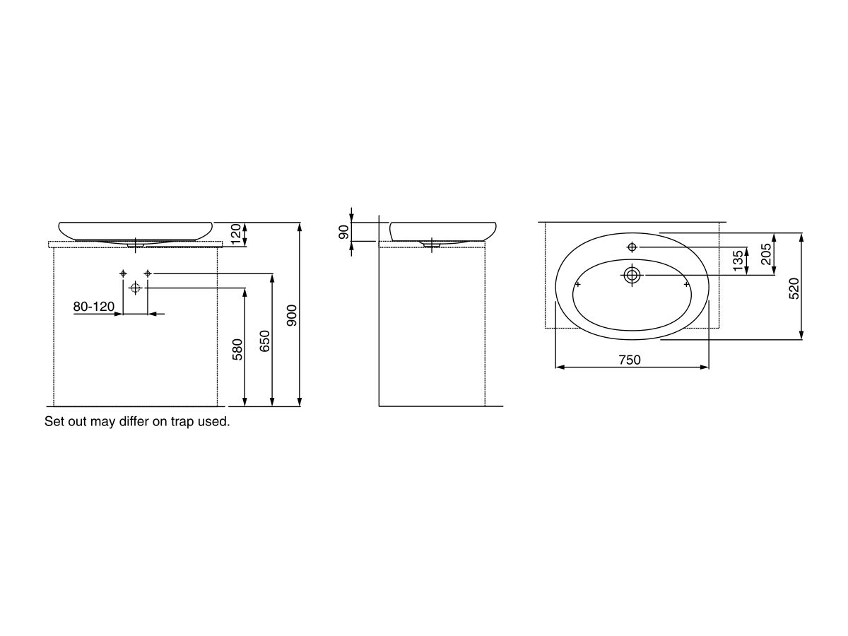 Reece LAUFEN Alessi One Counter Basin 1 Taphole 750 X 520mm White