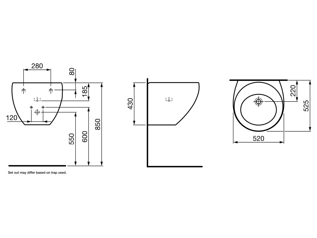 Reece LAUFEN Alessi One Wall Basin With Fixing No Taphole 520 X 525mm White