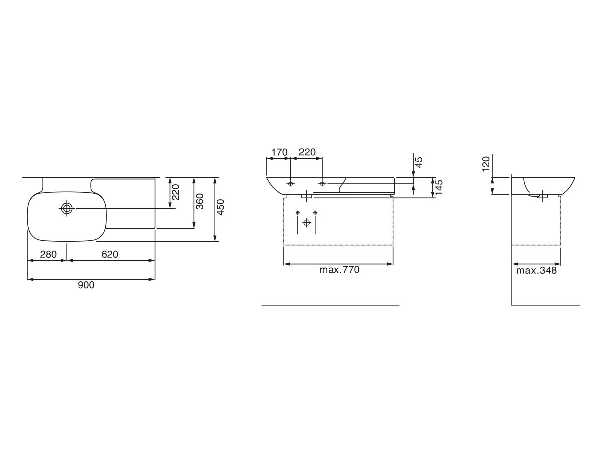 Reece LAUFEN Ino Wall Basin With Shelf Left Hand Bowl With Overflow No Taphole 900mm White