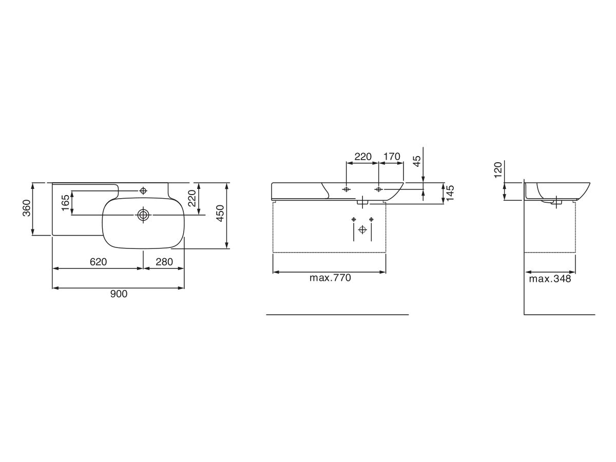 Reece LAUFEN Ino Wall Basin With Shelf Right Hand Bowl With Overflow 1 Taphole 900mm White