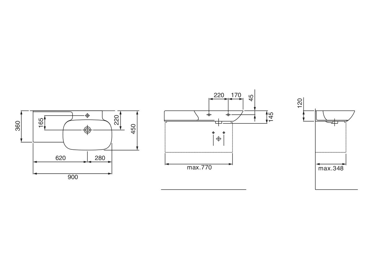 Reece LAUFEN Ino Wall Basin With Shelf Right Hand Bowl With Fixing Bolts & Overflow 1 Taphole 900mm White