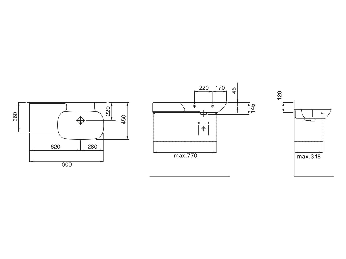 Reece LAUFEN Ino Wall Basin With Shelf Right Hand Bowl With Overflow No Taphole 900mm White