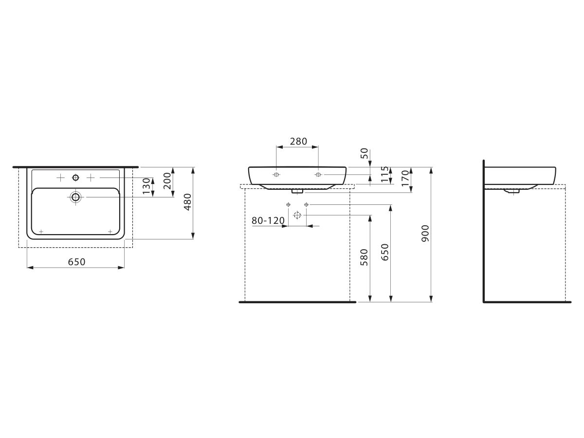 Reece LAUFEN Pro A Wall/Counter Basin 1 Taphole With Overflow 650x480 With Fixing Bolts White