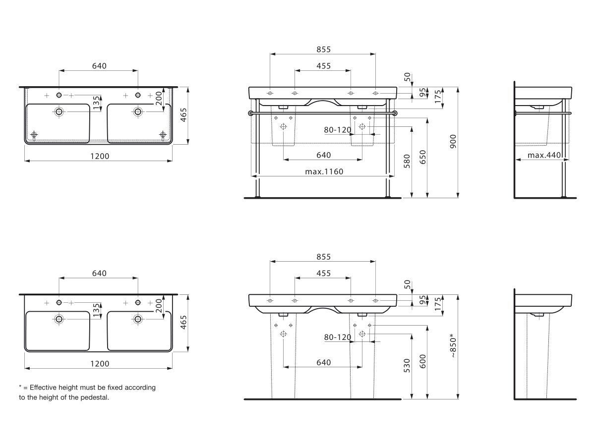 Reece LAUFEN Pro S Double Wall Basin Only 2 Taphole With Overflow 1200x465 White