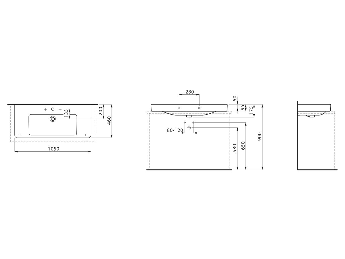 Reece LAUFEN Pro S Wall Basin Only 1 TapHole With Overflow 1050x465 White