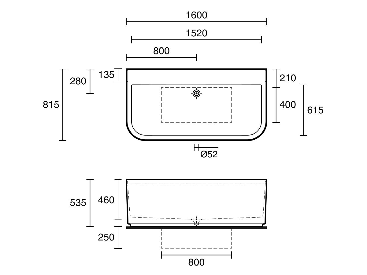 Reece LAUFEN Sonar Freestanding Back To Wall Bath With Overflow Plug & Waste 1600 X 815 Sentec White