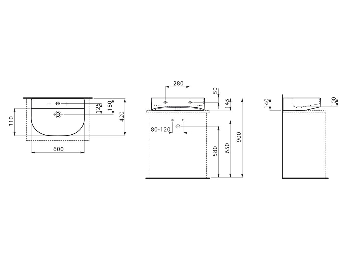 Reece LAUFEN Sonar Wall Basin With Overflow 1 Taphole 600x420 With Fixing Bolts White