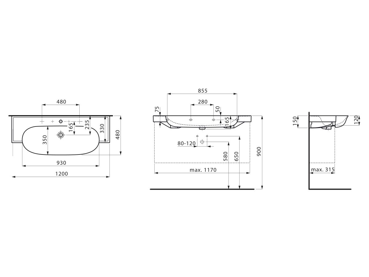 Reece LAUFEN The New Classic Wall/Vanity Basin 2 Taphole With Over Flow 1200x480 With Fixing Bolts White