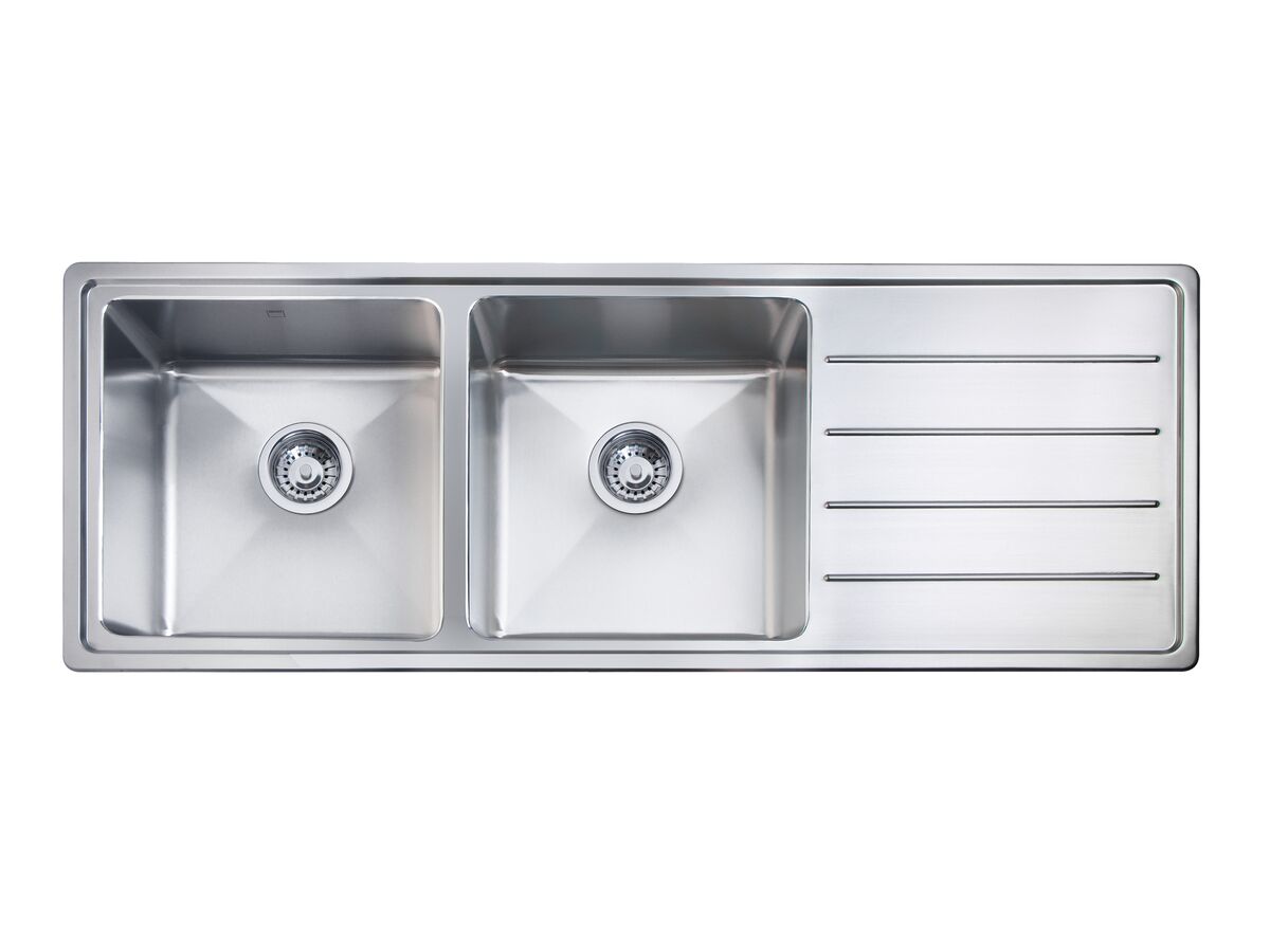 reece Memo Hugo Double Bowl Sink No Taphole Left Hand Bowl with Drainer Stainless Steel V2