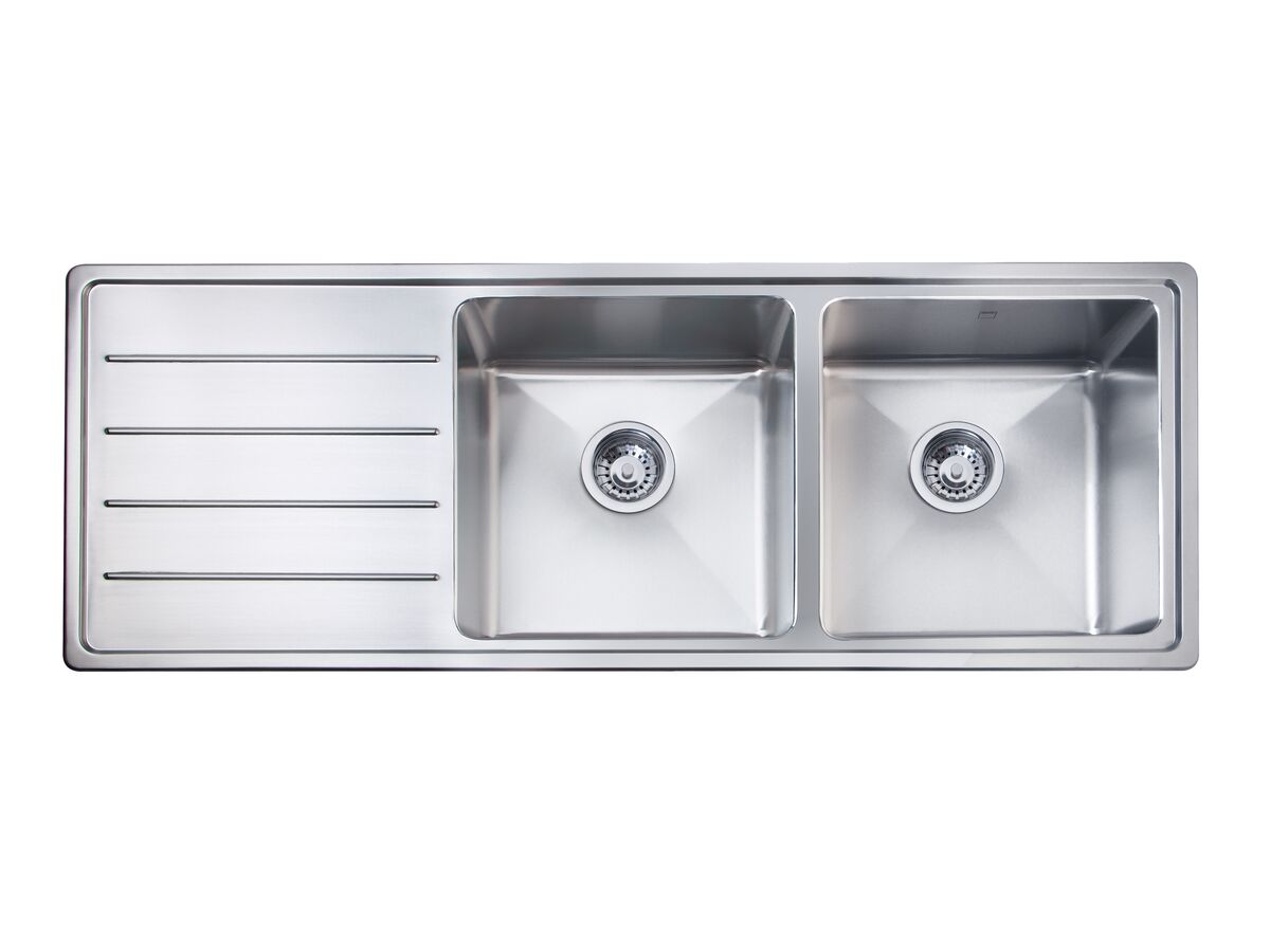 reece Memo Hugo Double Bowl Sink No Taphole Right Hand Bowl with Drainer Stainless Steel V2