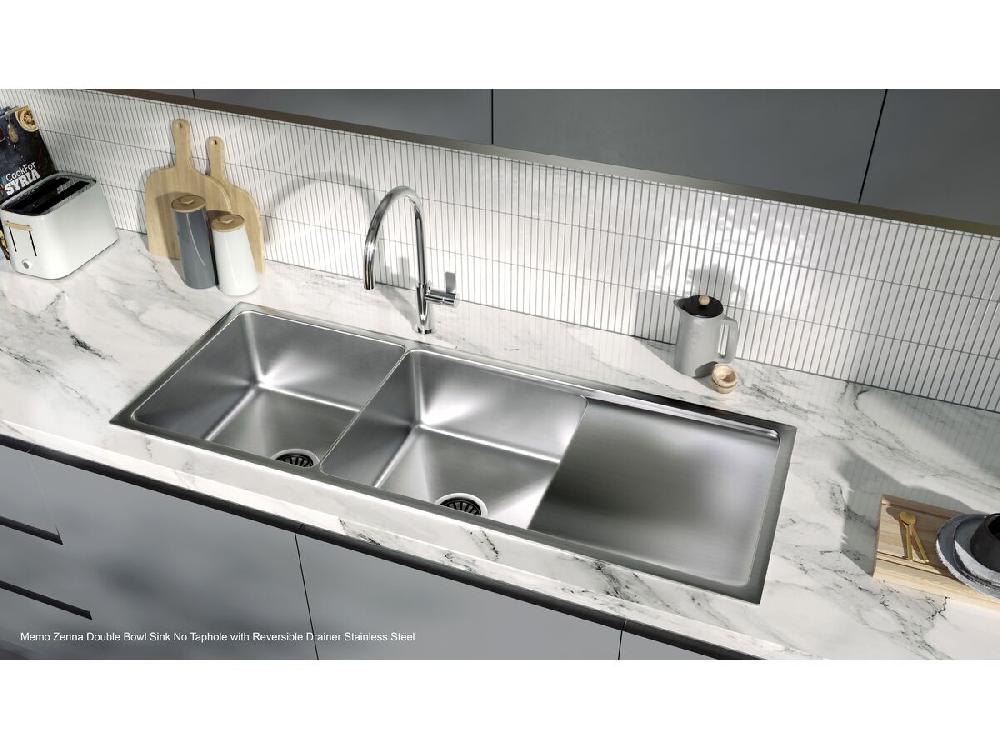 Reece Memo Zenna Double Bowl Sink With Reversible Drainer No Taphole Stainless Steel