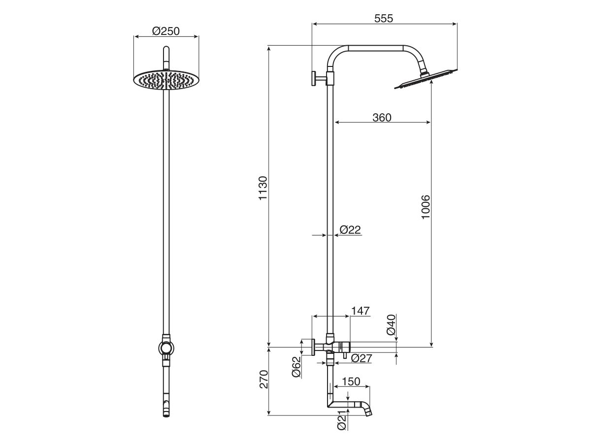 Reece Milli Inox Overhead Single Rail Shower With Foot Wash With Bottom Rail Water Inlet Stainless Steel (3 Star)