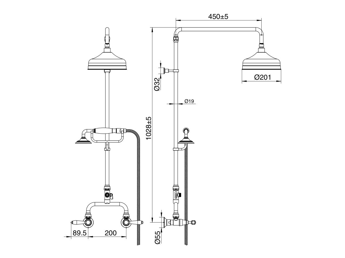 Reece Milli Monument Edit Exposed Twin Telephone Shower Set Lever Porcelain Handles Chrome (3 Star)