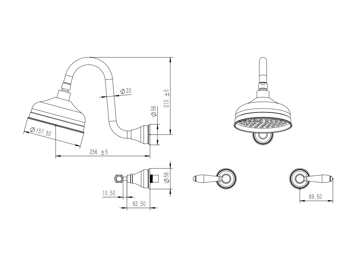 Reece Milli Monument Edit Gooseneck Shower Set Lever Porcelain Handles Matte Black (3 Star)
