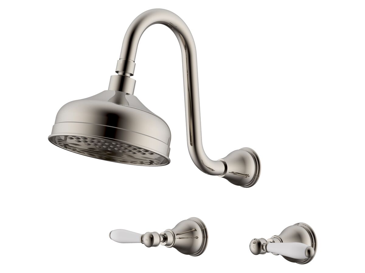reece Milli Monument Edit Gooseneck Shower Set Lever Porcelain Handles Brushed Nickel (3 Star)