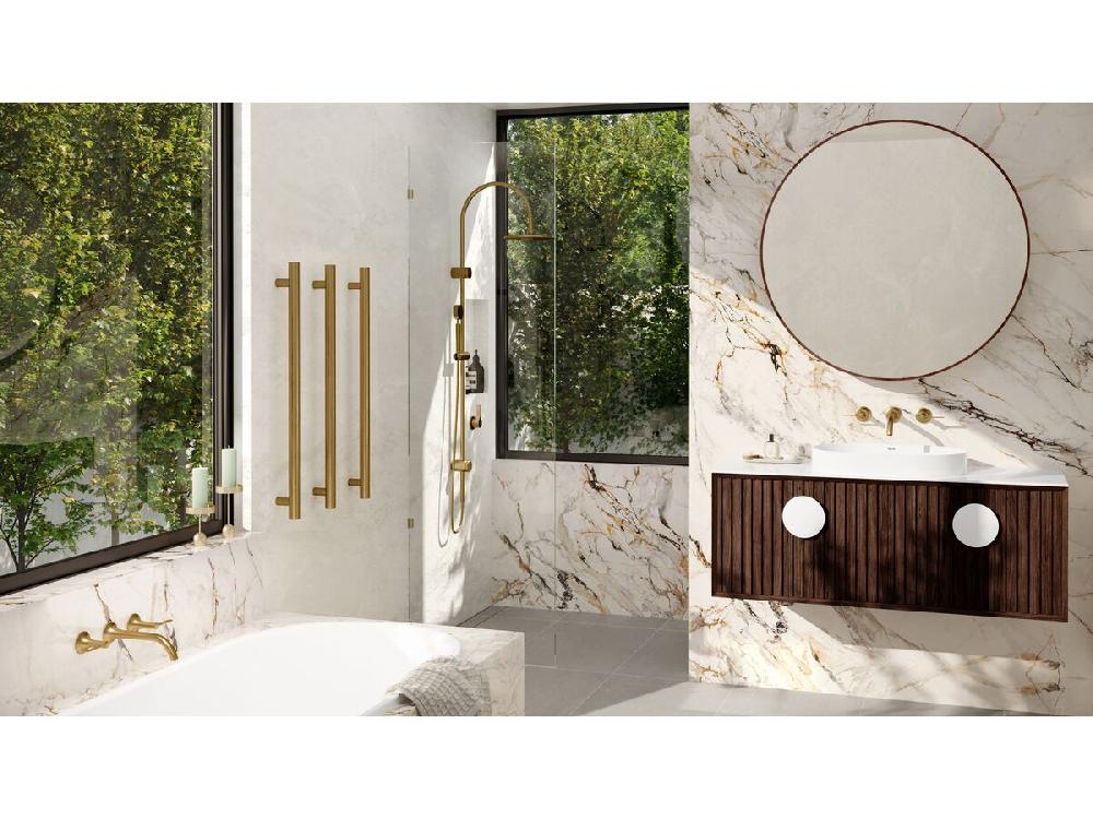 Reece Milli Mood Edit Vertical Heated Towel Rail Robe Hook PVD Brushed Gold