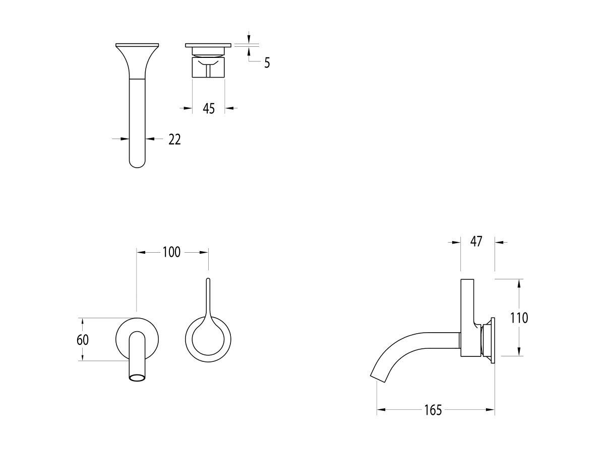 Reece Milli Oria Wall Bath Mixer Outlet System 165mm PVD Brushed Gunmetal