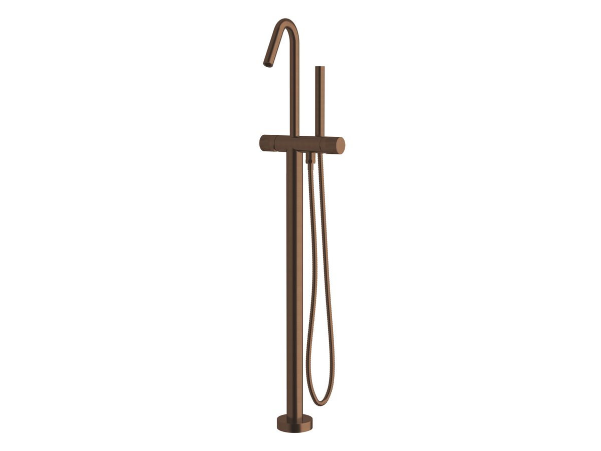 reece Milli Pure Floor Mounted Bath Mixer Tap with Handshower and Linear Textured Handle Kit PVD Brushed Bronze (3 Star)