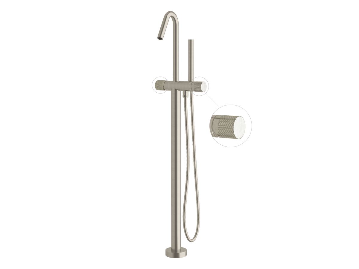 reece Milli Pure Floor Mounted Bath Mixer Tap with Handshower and Diamond Textured Handle Trimset PVD Brushed Nickel (3 Star)