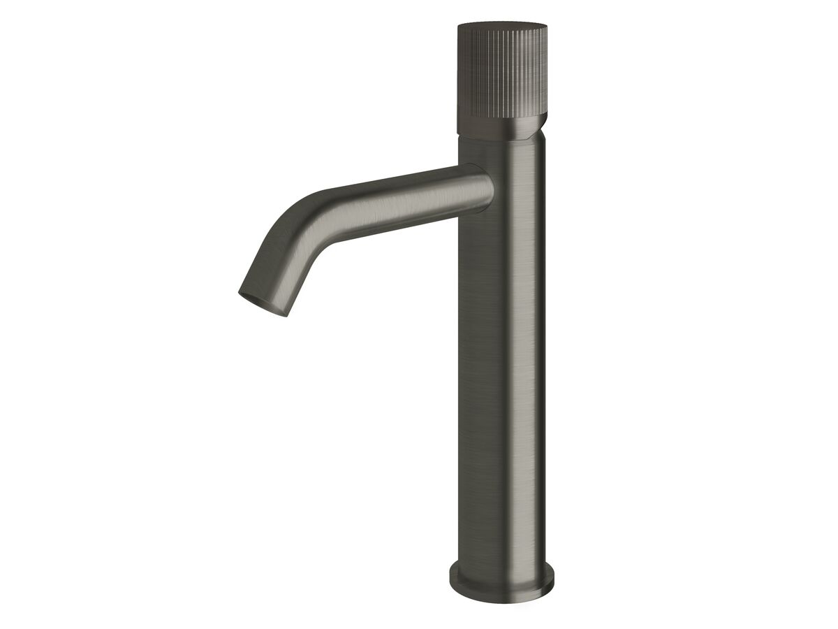 reece Milli Pure Medium Height Basin Mixer Tap Curved Spout with Linear Textured Handle PVD Brushed Gunmetal (5 Star)