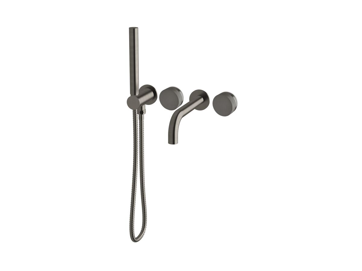 reece Milli Pure Progressive Bath Mixer Tap System 200mm with Handshower Right Hand and Linear Textured Handles PVD Brushed Gunmetal (3 Star)