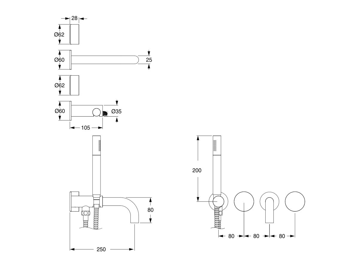 Reece Milli Pure Progressive Bath Mixer Tap System 250mm With Handshower Right Hand Chrome (3 Star)