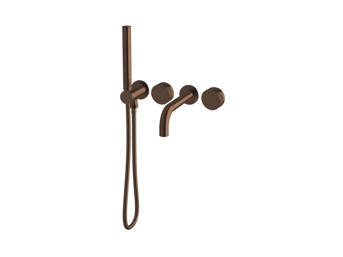 reece Milli Pure Progressive Bath Mixer Tap System 250mm with Handshower Right Hand and Cirque Textured Handles PVD Brushed Bronze (3 Star)