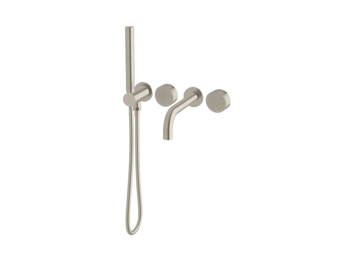reece Milli Pure Progressive Bath Mixer Tap System 250mm with Handshower Right Hand and Diamond Textured Handles PVD Brushed Nickel (3 Star)