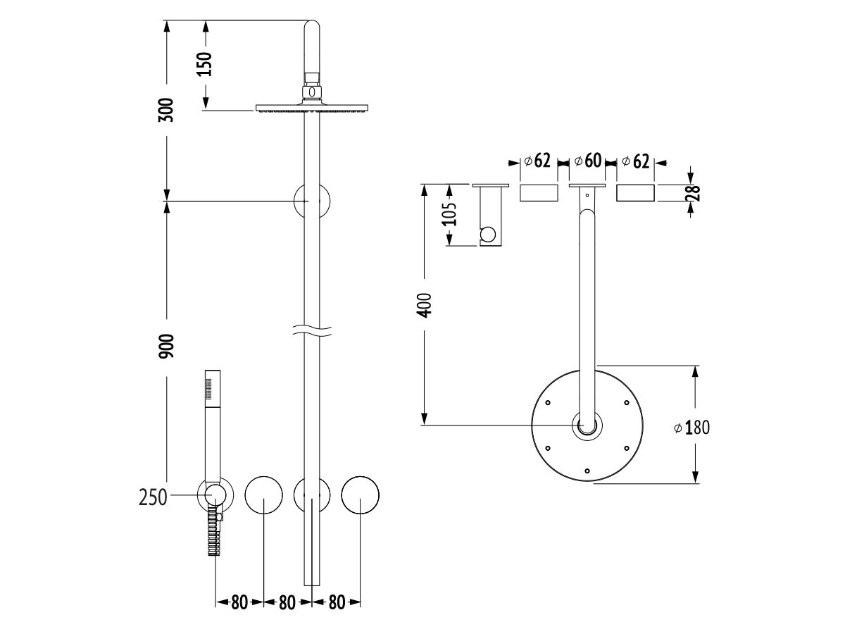 Reece Milli Pure Progressive Column Shower Mixer Tap System 180mm With Handshower Right Hand Chrome (3 Star)