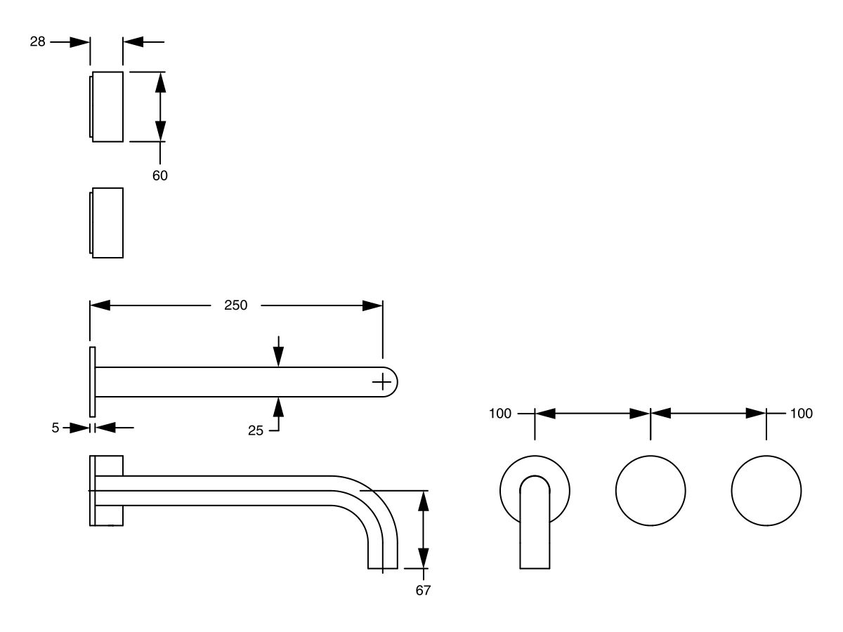 Reece Milli Pure Wall Bath Hostess System 250mm Right Hand With Linear Textured Handles PVD Brushed Bronze