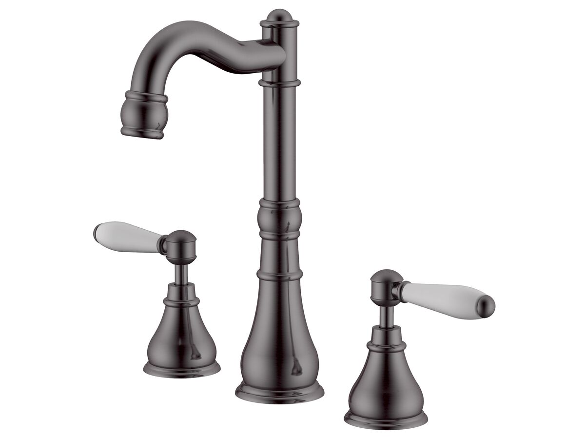 reece Milli Voir English Basin Set Swivel Outlet Lever Porcelain Handles Brushed Gunmetal (4 Star) Lead Free