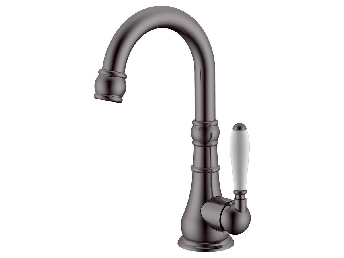 reece Milli Voir Gooseneck Basin Mixer Tap Porcelain Brushed Gunmetal (4 Star)