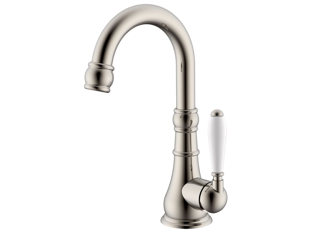 reece Milli Voir Gooseneck Basin Mixer Tap Porcelain Brushed Nickel (4 Star)