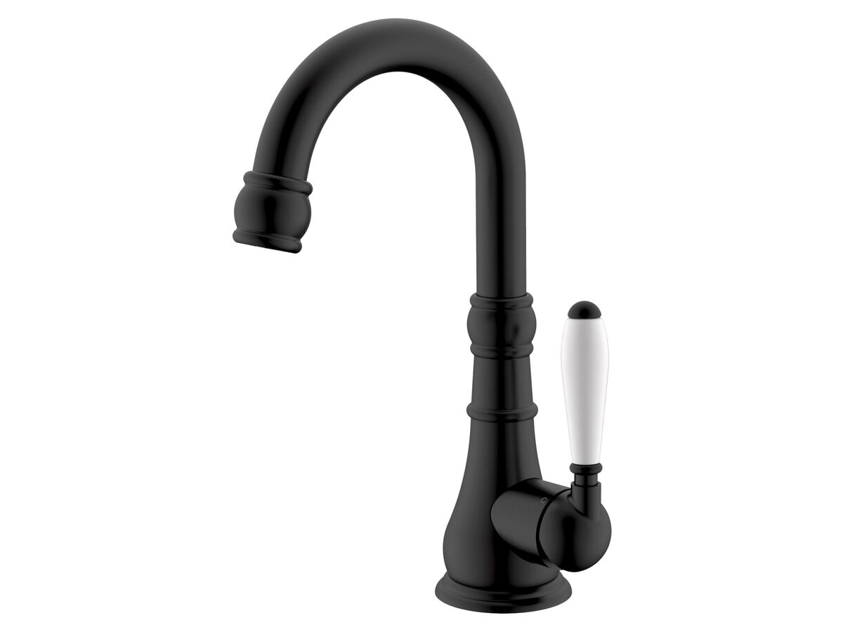 reece Milli Voir Gooseneck Basin Mixer Tap Porcelain Lever Matte Black (4 Star)