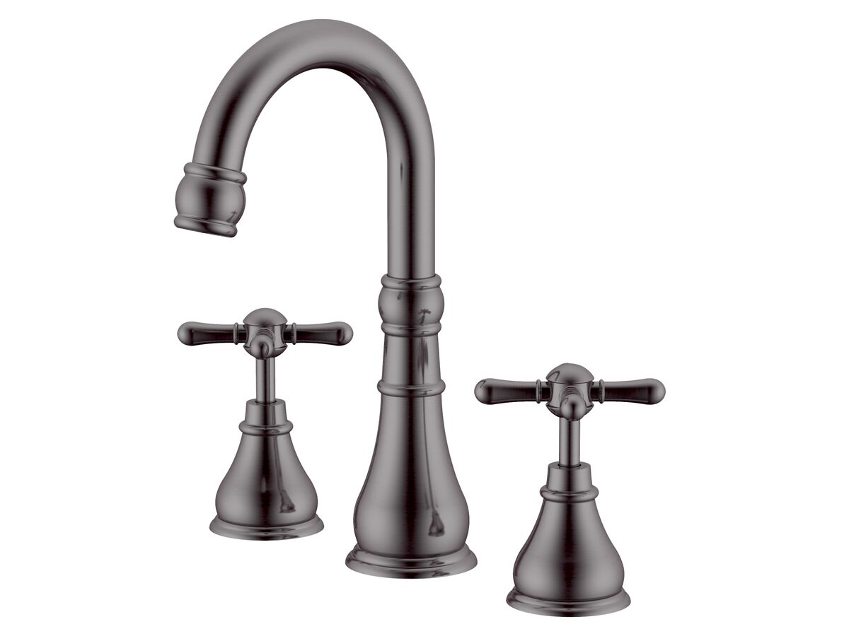 reece Milli Voir Gooseneck Basin Set Swivel Outlet Cross Handles Brushed Gunmetal (4 Star)